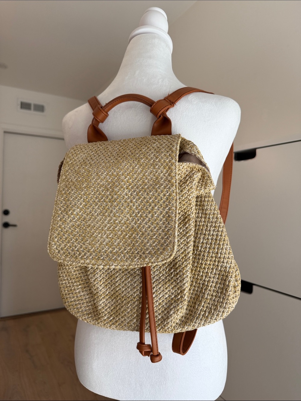 Woven Straw Backpack with Tan Leather Trim - Beige